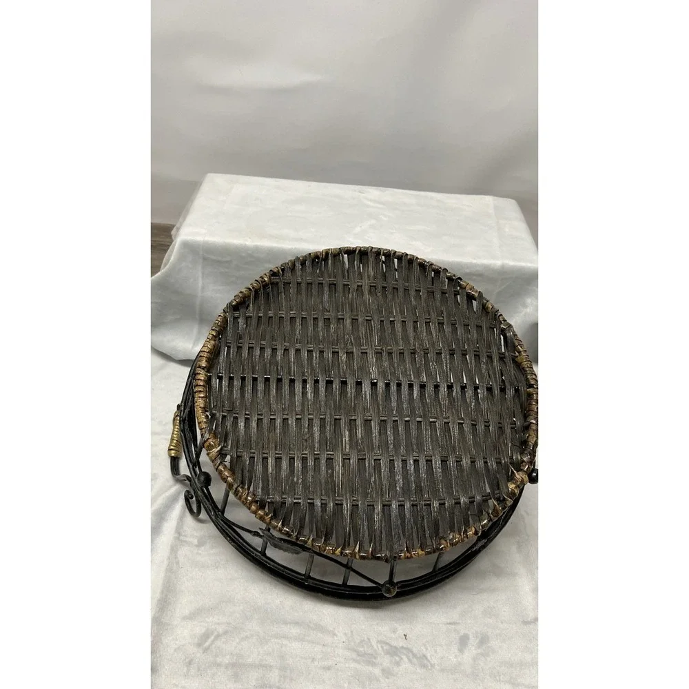 Wrought Iron and Wicker Round Decorative Basket with Handles Leaf Accents Black